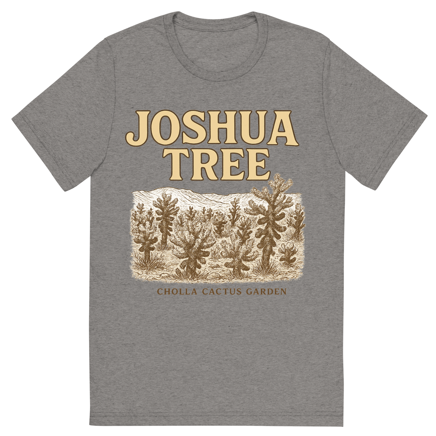 Front view of a Premium Tri-Blend Crew Neck T-Shirt in Grey showing 'A typographic, nostalgic graphic of a typographic illustration of the words 'joshua tree' with a vintage line art drawing of the cholla cactus garden'