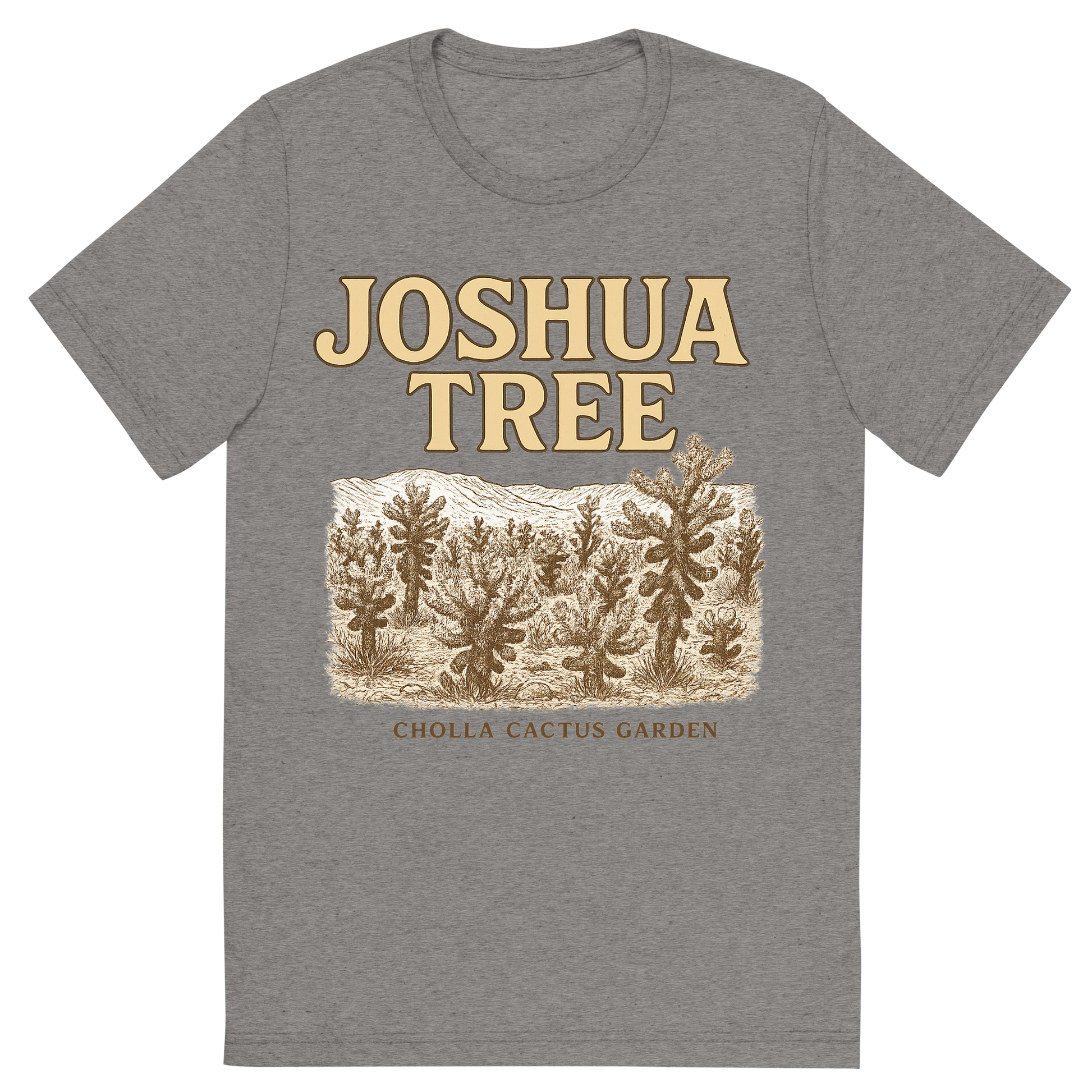 Front view of a Premium Tri-Blend Crew Neck T-Shirt in Grey showing 'A typographic, nostalgic graphic of a typographic illustration of the words 'joshua tree' with a vintage line art drawing of the cholla cactus garden'