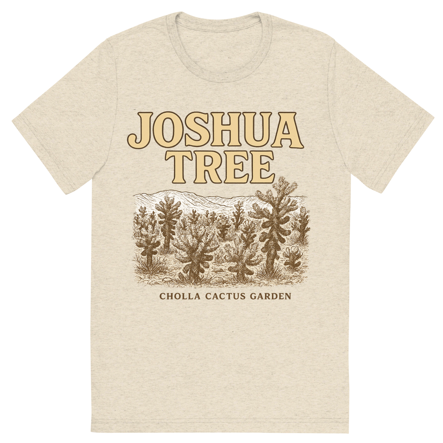 Front view of a Premium Tri-Blend Crew Neck T-Shirt in Oatmeal showing 'A typographic, nostalgic graphic of a typographic illustration of the words 'joshua tree' with a vintage line art drawing of the cholla cactus garden'