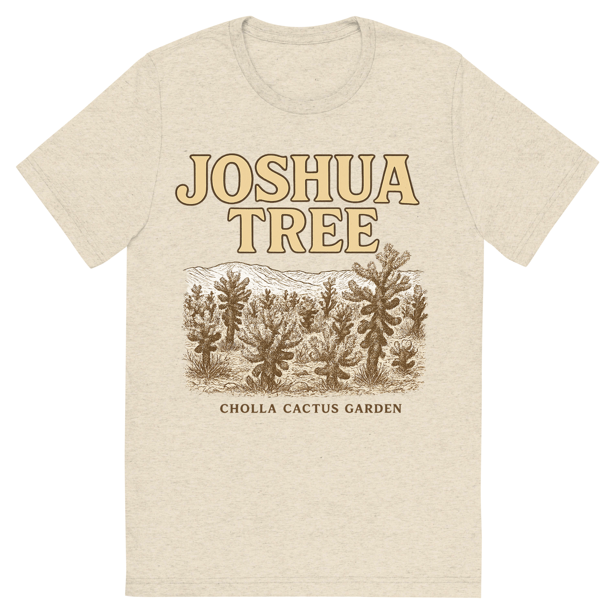 Front view of a Premium Tri-Blend Crew Neck T-Shirt in Oatmeal showing 'A typographic, nostalgic graphic of a typographic illustration of the words 'joshua tree' with a vintage line art drawing of the cholla cactus garden'