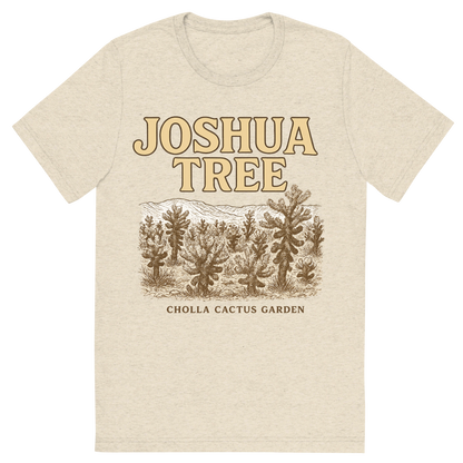Front view of a Premium Tri-Blend Crew Neck T-Shirt in Oatmeal showing 'A typographic, nostalgic graphic of a typographic illustration of the words 'joshua tree' with a vintage line art drawing of the cholla cactus garden'