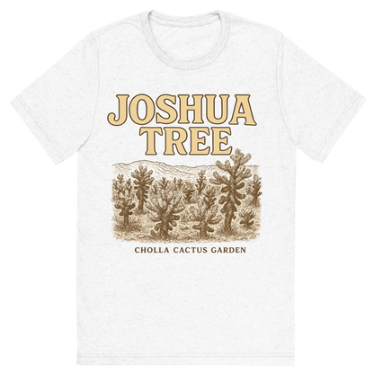 Front view of a Premium Tri-Blend Crew Neck T-Shirt in Solid White showing 'A typographic, nostalgic graphic of a typographic illustration of the words 'joshua tree' with a vintage line art drawing of the cholla cactus garden'