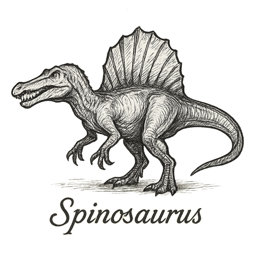 A flat, neutral graphic of a dramatic line sketch of a spinosaurus with sail-like spine and crocodilian snout. “spinosaurus” appears below in elegant script. ink illustration on a white background. - a t-shirt design