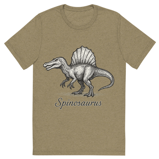 Front view of a Premium Tri-Blend Crew Neck T-Shirt in Olive showing 'A flat, neutral graphic of a dramatic line sketch of a spinosaurus with sail-like spine and crocodilian snout. “spinosaurus” appears below in elegant script. ink illustration on a white background.'