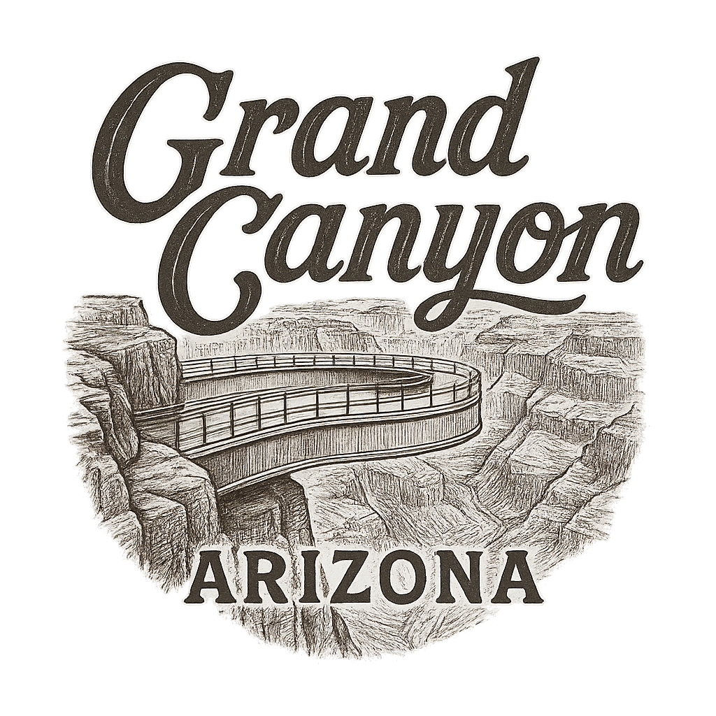 A typographic, nostalgic graphic of a typographic illustration of the words 'grand canyon, arizona' with a vintage line art drawing of the skywalk at eagle point – a t-shirt design