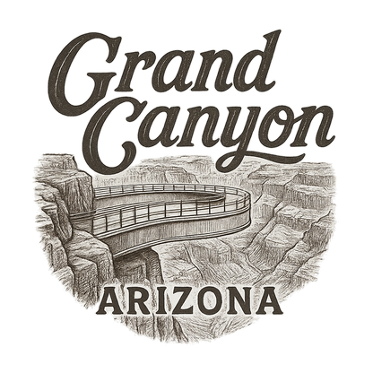 A typographic, nostalgic graphic of a typographic illustration of the words 'grand canyon, arizona' with a vintage line art drawing of the skywalk at eagle point – a t-shirt design