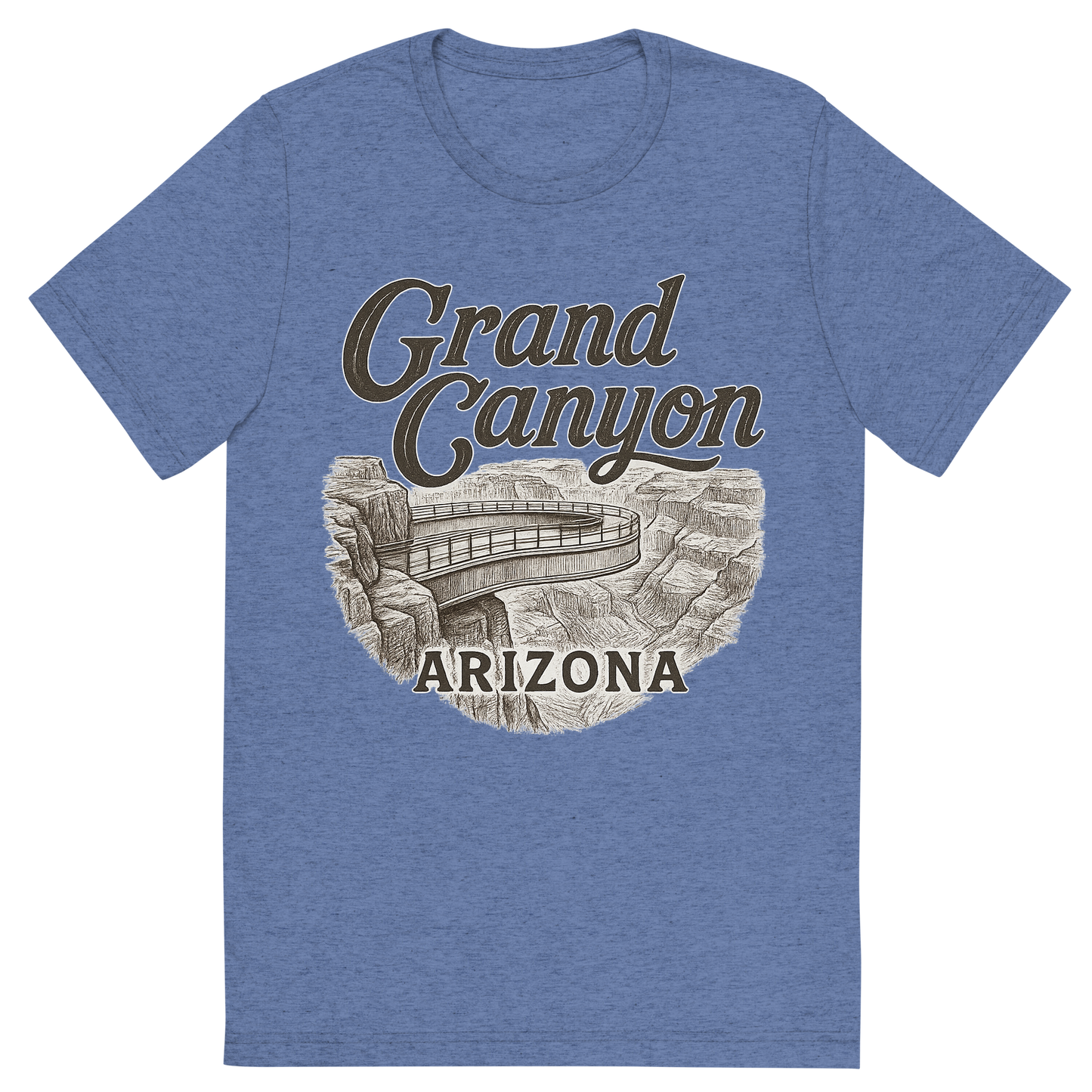 Front view of a Premium Tri-Blend Crew Neck T-Shirt in Blue showing 'A typographic, nostalgic graphic of a typographic illustration of the words 'grand canyon, arizona' with a vintage line art drawing of the skywalk at eagle point'