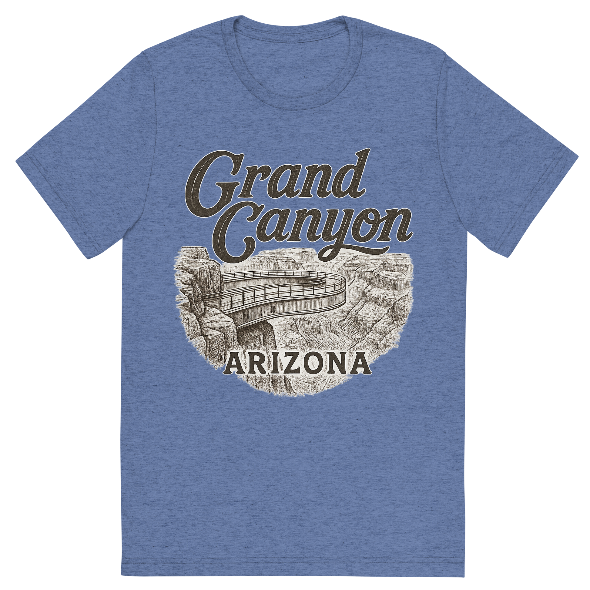 Front view of a Premium Tri-Blend Crew Neck T-Shirt in Blue showing 'A typographic, nostalgic graphic of a typographic illustration of the words 'grand canyon, arizona' with a vintage line art drawing of the skywalk at eagle point'