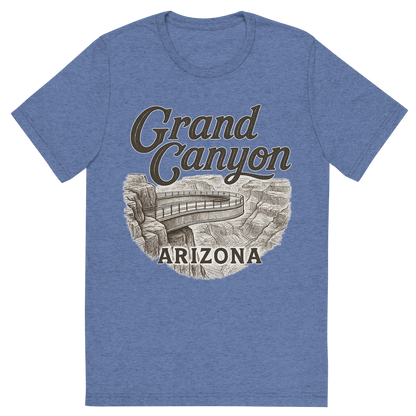 Front view of a Premium Tri-Blend Crew Neck T-Shirt in Blue showing 'A typographic, nostalgic graphic of a typographic illustration of the words 'grand canyon, arizona' with a vintage line art drawing of the skywalk at eagle point'