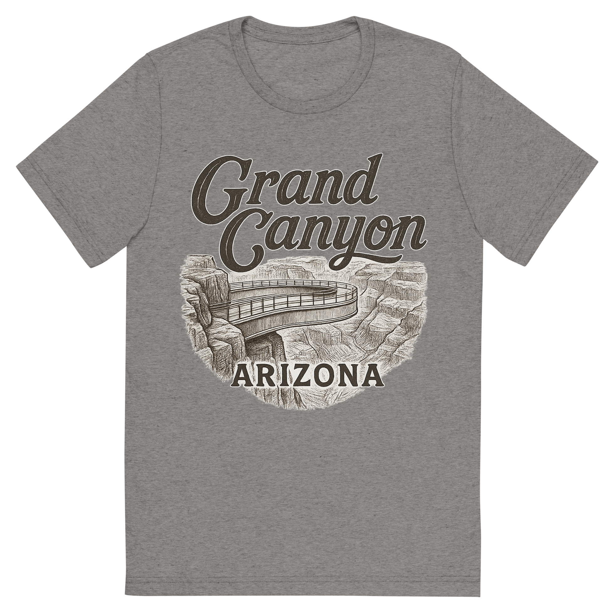 Front view of a Premium Tri-Blend Crew Neck T-Shirt in Grey showing 'A typographic, nostalgic graphic of a typographic illustration of the words 'grand canyon, arizona' with a vintage line art drawing of the skywalk at eagle point'