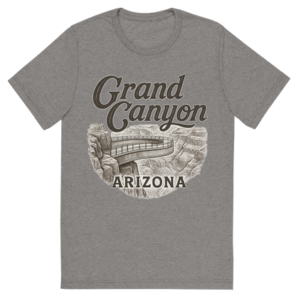 Front view of a Premium Tri-Blend Crew Neck T-Shirt in Grey showing 'A typographic, nostalgic graphic of a typographic illustration of the words 'grand canyon, arizona' with a vintage line art drawing of the skywalk at eagle point'