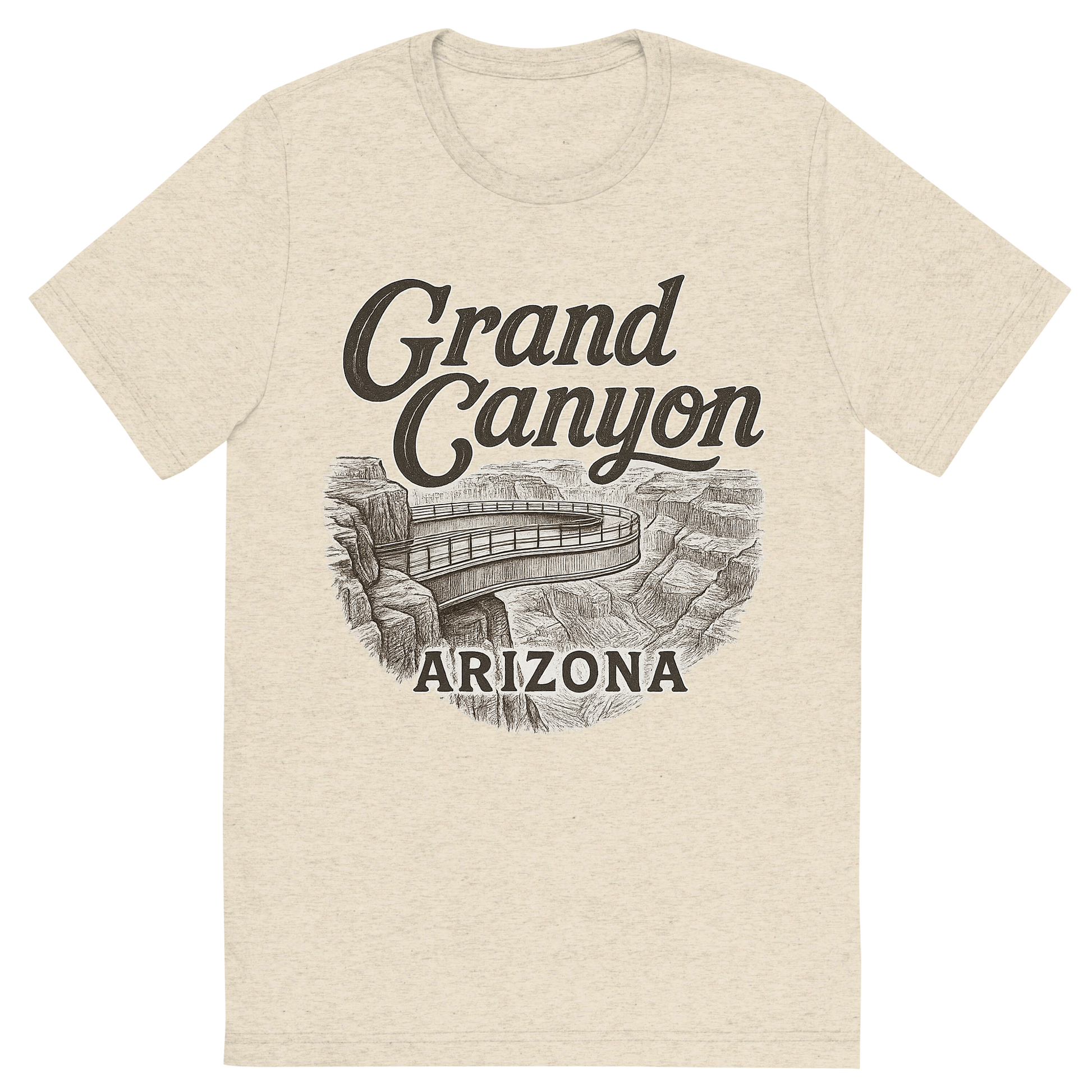 Front view of a Premium Tri-Blend Crew Neck T-Shirt in Oatmeal showing 'A typographic, nostalgic graphic of a typographic illustration of the words 'grand canyon, arizona' with a vintage line art drawing of the skywalk at eagle point'