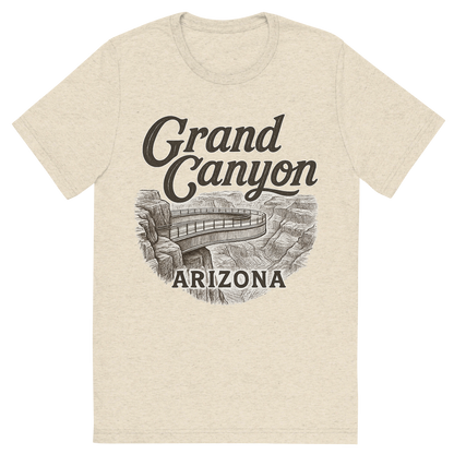 Front view of a Premium Tri-Blend Crew Neck T-Shirt in Oatmeal showing 'A typographic, nostalgic graphic of a typographic illustration of the words 'grand canyon, arizona' with a vintage line art drawing of the skywalk at eagle point'