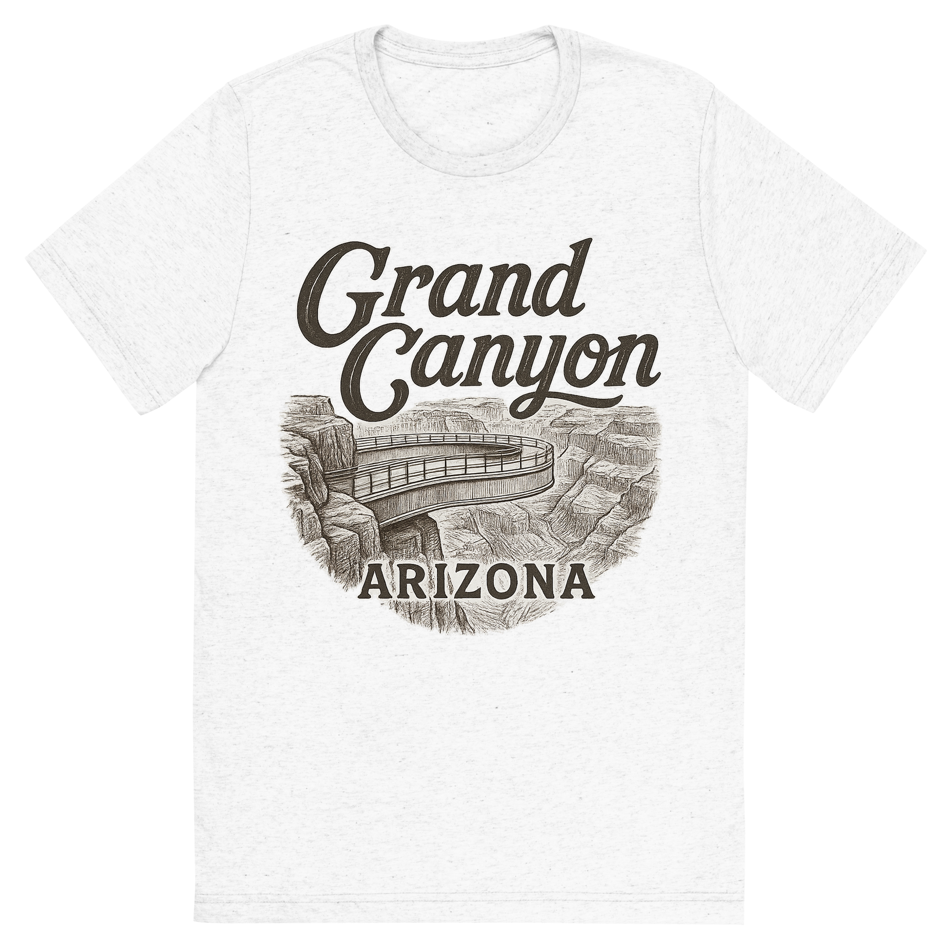 Front view of a Premium Tri-Blend Crew Neck T-Shirt in Solid White showing 'A typographic, nostalgic graphic of a typographic illustration of the words 'grand canyon, arizona' with a vintage line art drawing of the skywalk at eagle point'