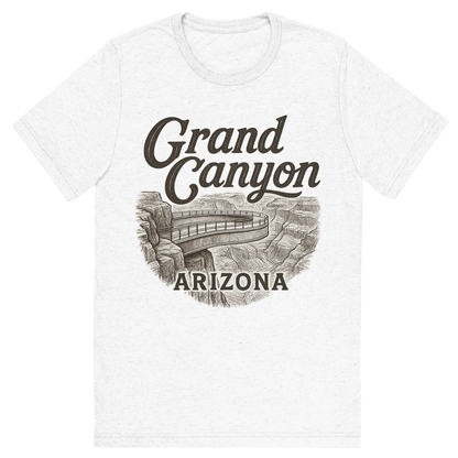 Front view of a Premium Tri-Blend Crew Neck T-Shirt in Solid White showing 'A typographic, nostalgic graphic of a typographic illustration of the words 'grand canyon, arizona' with a vintage line art drawing of the skywalk at eagle point'