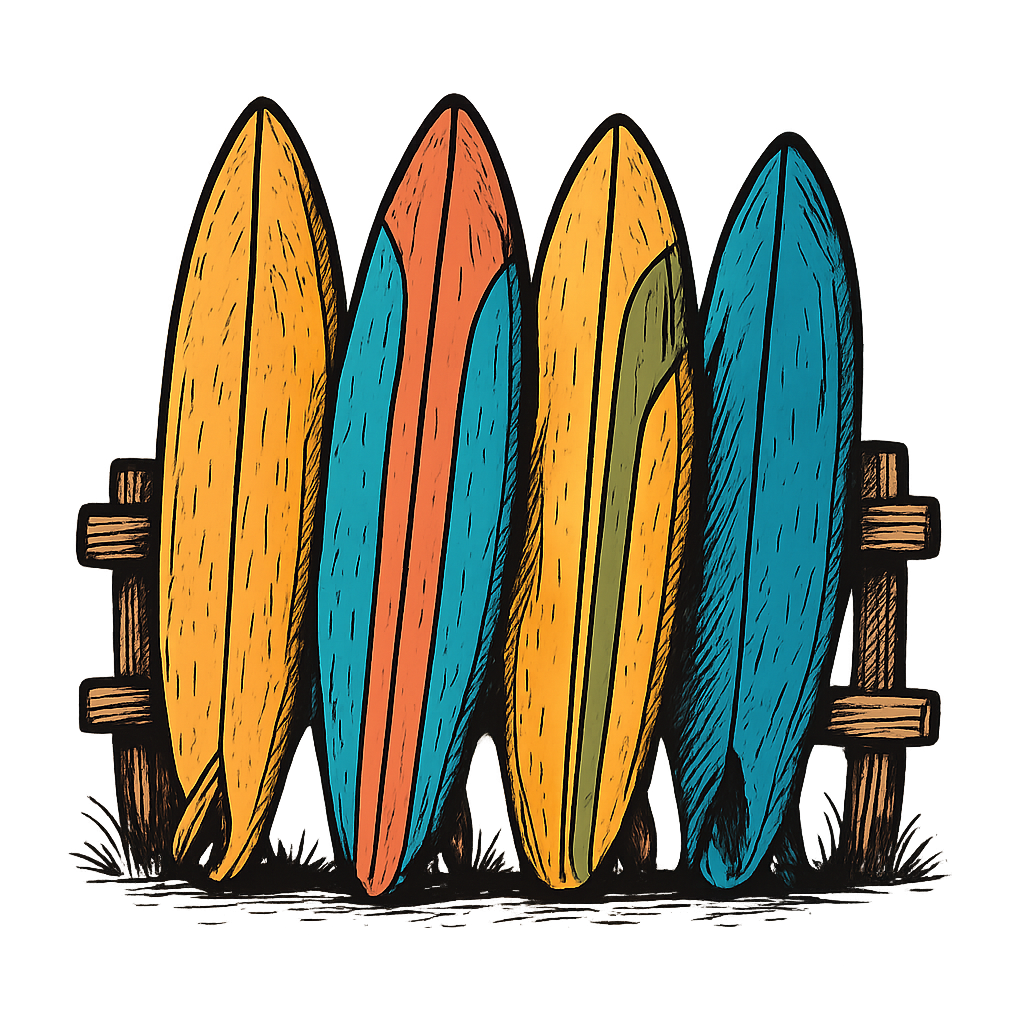 A hand-drawn ink with pops of color, playful graphic of a stylized stack of colorful vintage surfboards leaning against a wooden fence, hand-drawn ink with pops of color, centered composition, transparent background, optimized for dtg printing - a t-shirt design