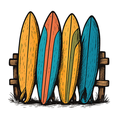 A hand-drawn ink with pops of color, playful graphic of a stylized stack of colorful vintage surfboards leaning against a wooden fence, hand-drawn ink with pops of color, centered composition, transparent background, optimized for dtg printing - a t-shirt design
