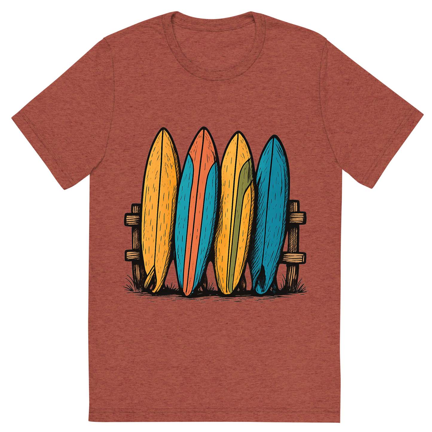 Front view of a Premium Tri-Blend Crew Neck T-Shirt in Clay showing 'A hand-drawn ink with pops of color, playful graphic of a stylized stack of colorful vintage surfboards leaning against a wooden fence, hand-drawn ink with pops of color, centered composition, transparent background, optimized for dtg printing'
