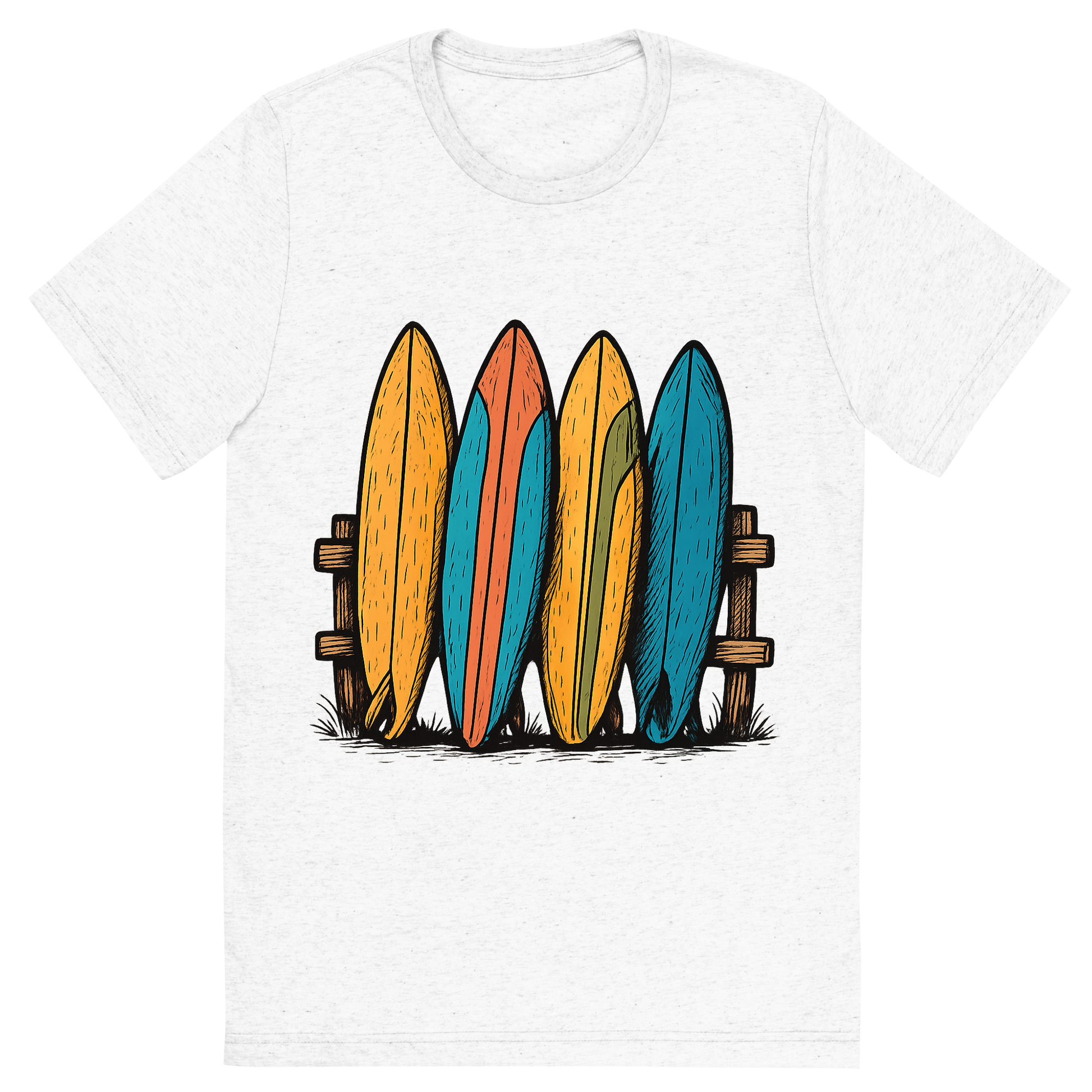 Front view of a Premium Tri-Blend Crew Neck T-Shirt in Solid White showing 'A hand-drawn ink with pops of color, playful graphic of a stylized stack of colorful vintage surfboards leaning against a wooden fence, hand-drawn ink with pops of color, centered composition, transparent background, optimized for dtg printing'