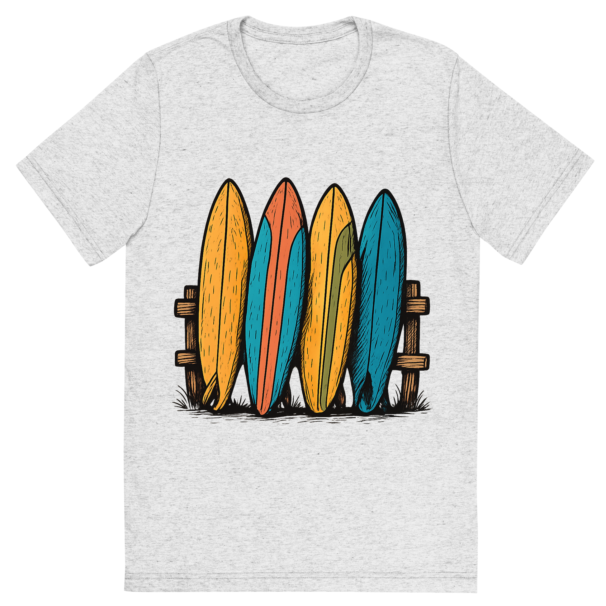 Front view of a Premium Tri-Blend Crew Neck T-Shirt in White Fleck showing 'A hand-drawn ink with pops of color, playful graphic of a stylized stack of colorful vintage surfboards leaning against a wooden fence, hand-drawn ink with pops of color, centered composition, transparent background, optimized for dtg printing'
