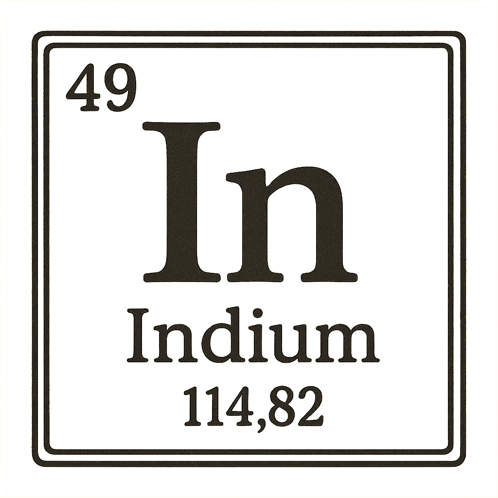 A line art, nostalgic graphic of indium's entry on the periodic table, use a dark color for the lines and text – a t-shirt design