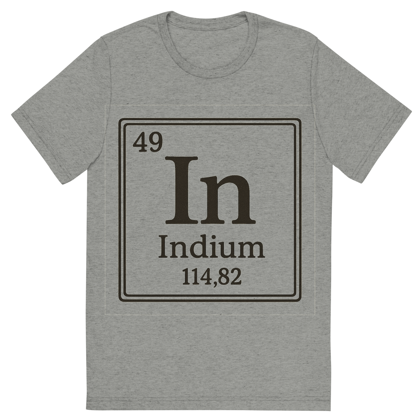 Front view of a Premium Tri-Blend Crew Neck T-Shirt in Athletic Grey showing 'A line art, nostalgic graphic of indium's entry on the periodic table, use a dark color for the lines and text'