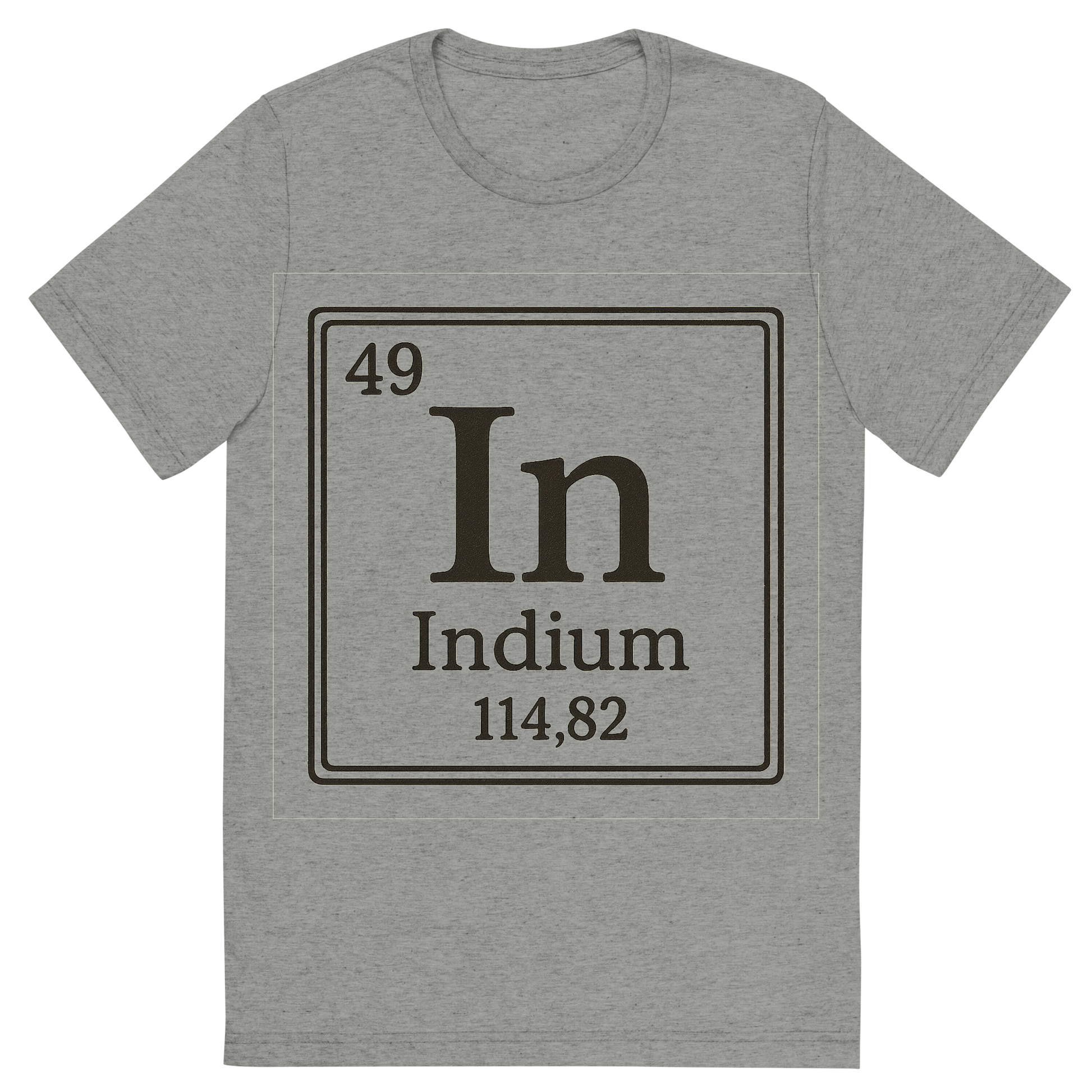 Front view of a Premium Tri-Blend Crew Neck T-Shirt in Athletic Grey showing 'A line art, nostalgic graphic of indium's entry on the periodic table, use a dark color for the lines and text'