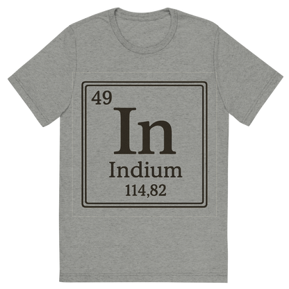 Front view of a Premium Tri-Blend Crew Neck T-Shirt in Athletic Grey showing 'A line art, nostalgic graphic of indium's entry on the periodic table, use a dark color for the lines and text'