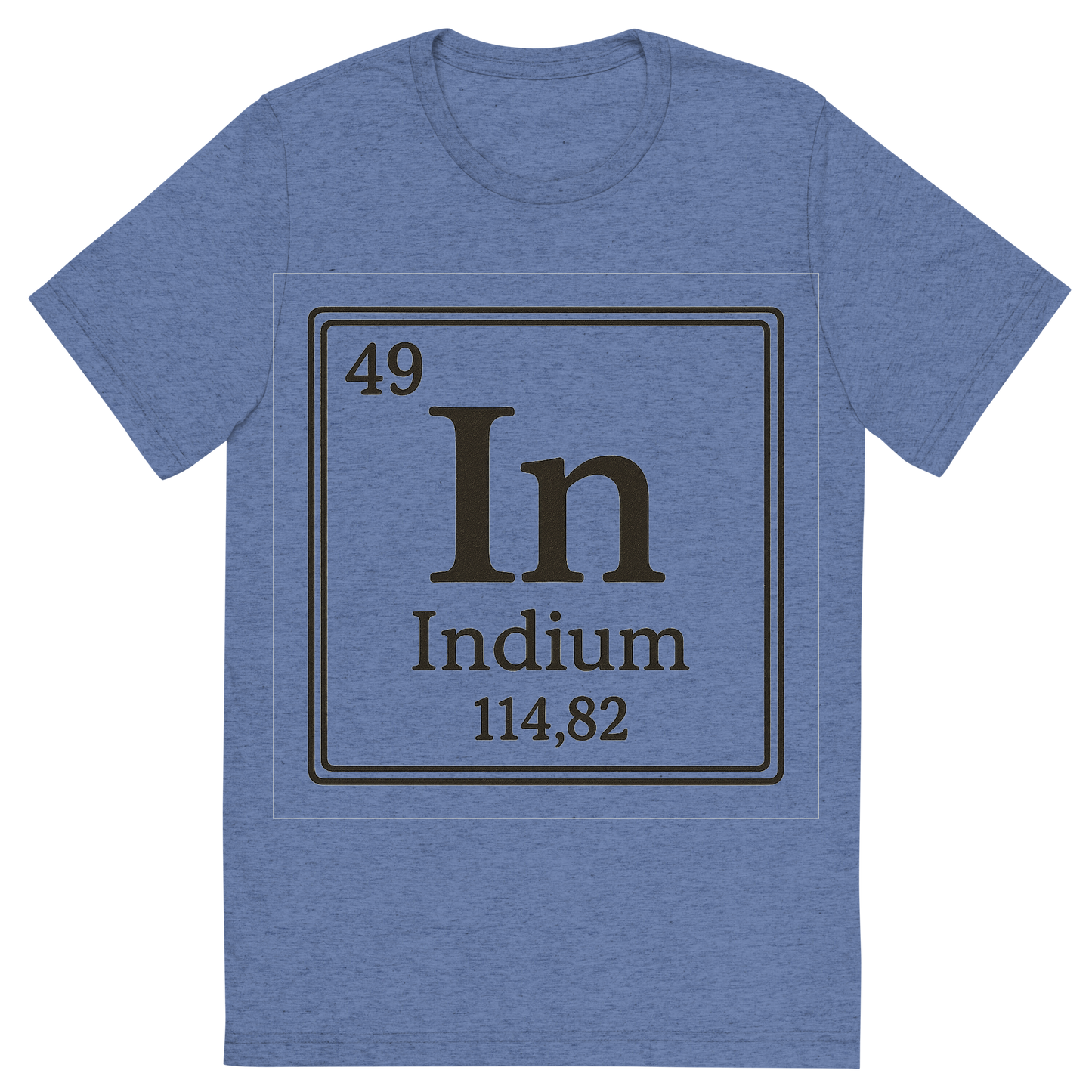 Front view of a Premium Tri-Blend Crew Neck T-Shirt in Blue showing 'A line art, nostalgic graphic of indium's entry on the periodic table, use a dark color for the lines and text'
