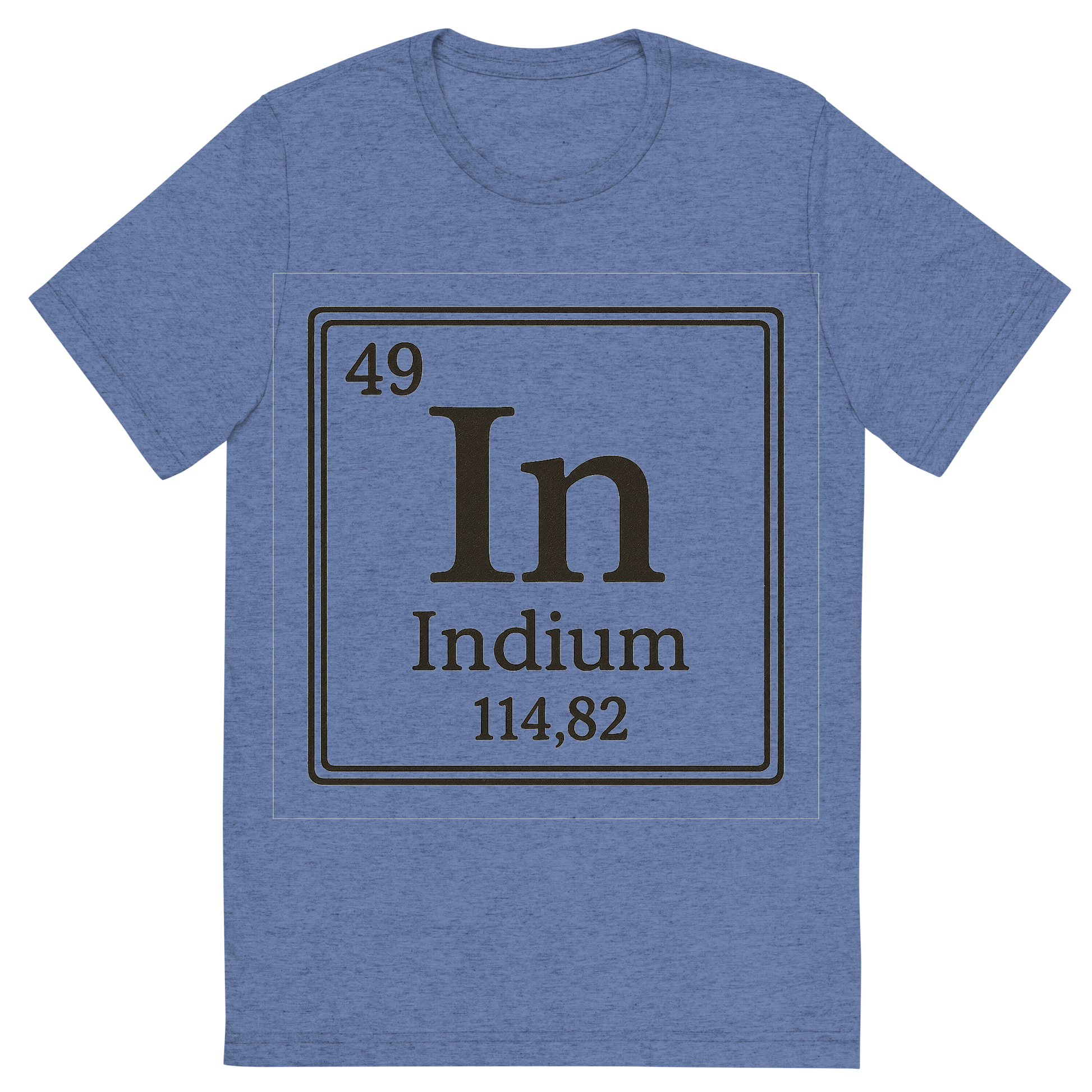 Front view of a Premium Tri-Blend Crew Neck T-Shirt in Blue showing 'A line art, nostalgic graphic of indium's entry on the periodic table, use a dark color for the lines and text'