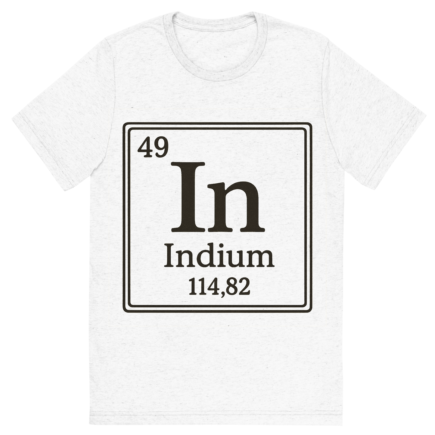 Front view of a Premium Tri-Blend Crew Neck T-Shirt in Solid White showing 'A line art, nostalgic graphic of indium's entry on the periodic table, use a dark color for the lines and text'