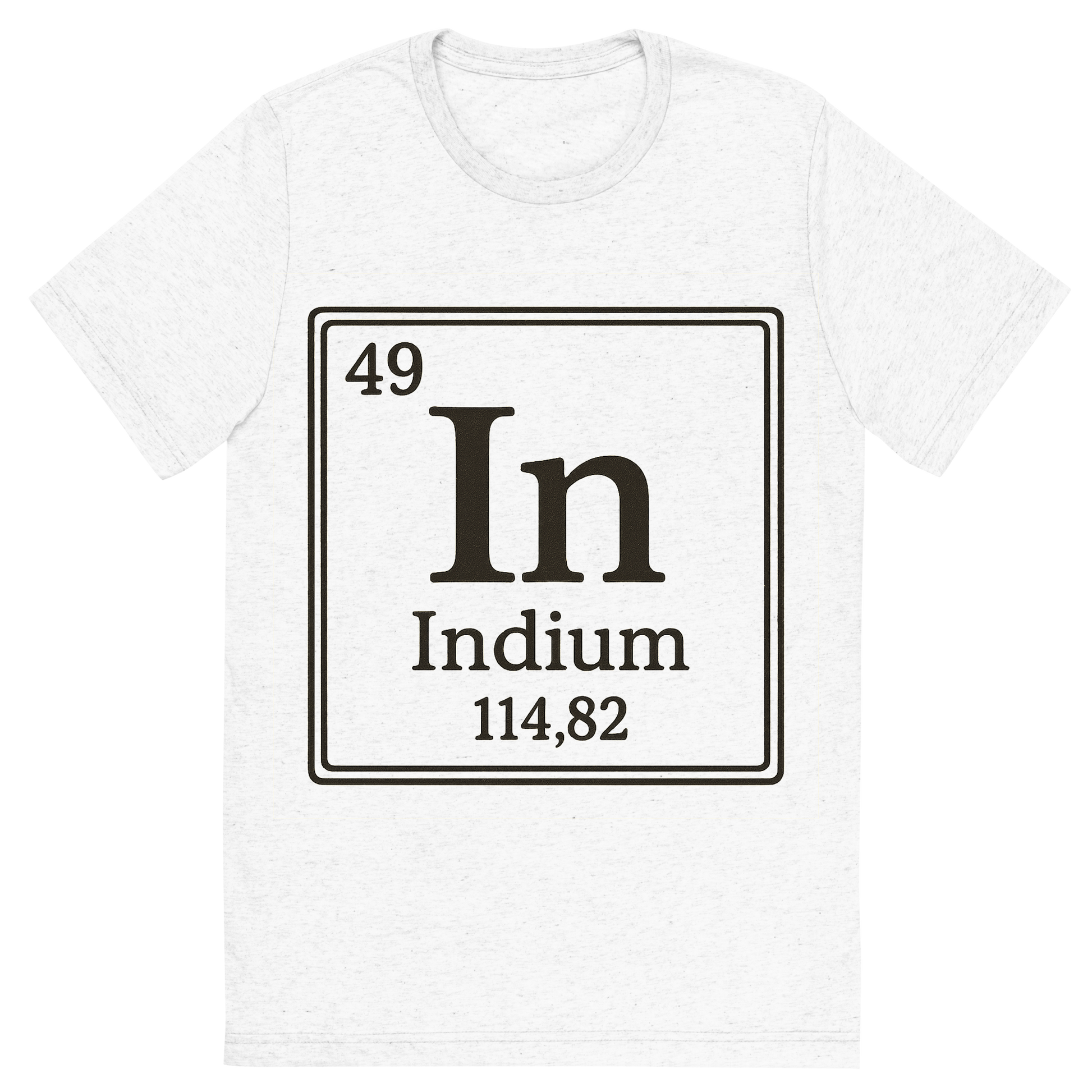 Front view of a Premium Tri-Blend Crew Neck T-Shirt in Solid White showing 'A line art, nostalgic graphic of indium's entry on the periodic table, use a dark color for the lines and text'