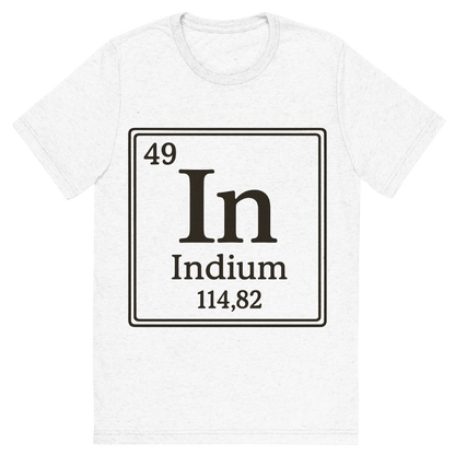Front view of a Premium Tri-Blend Crew Neck T-Shirt in Solid White showing 'A line art, nostalgic graphic of indium's entry on the periodic table, use a dark color for the lines and text'