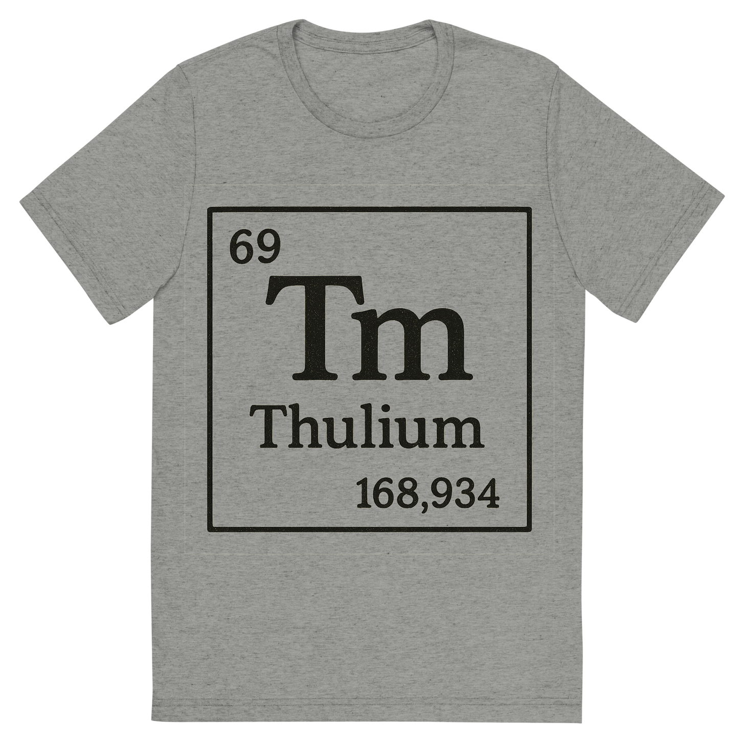 Front view of a Premium Tri-Blend Crew Neck T-Shirt in Athletic Grey showing 'A line art, nostalgic graphic of thulium's entry on the periodic table, use a dark color for the lines and text'