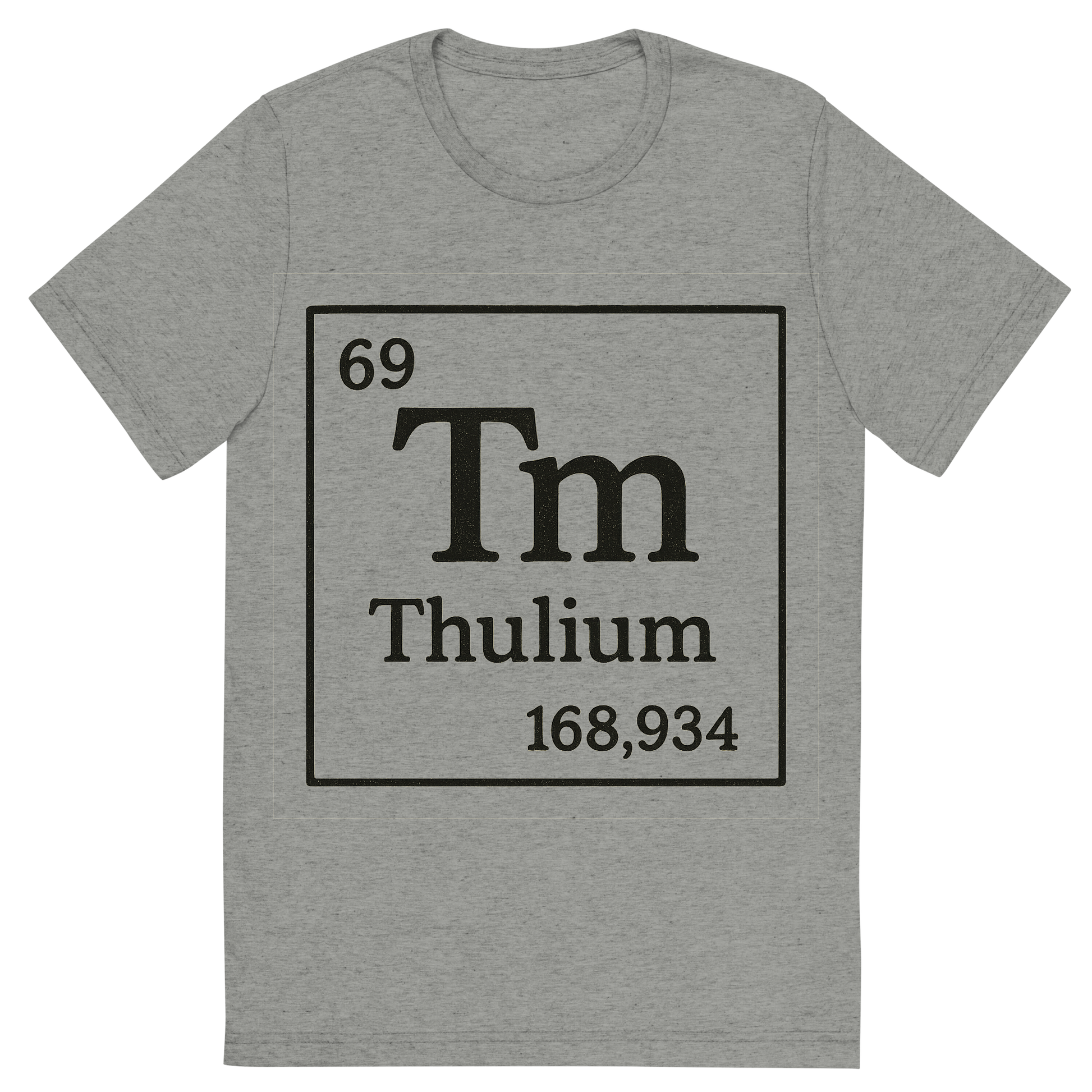 Front view of a Premium Tri-Blend Crew Neck T-Shirt in Athletic Grey showing 'A line art, nostalgic graphic of thulium's entry on the periodic table, use a dark color for the lines and text'