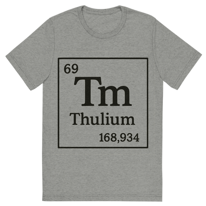 Front view of a Premium Tri-Blend Crew Neck T-Shirt in Athletic Grey showing 'A line art, nostalgic graphic of thulium's entry on the periodic table, use a dark color for the lines and text'
