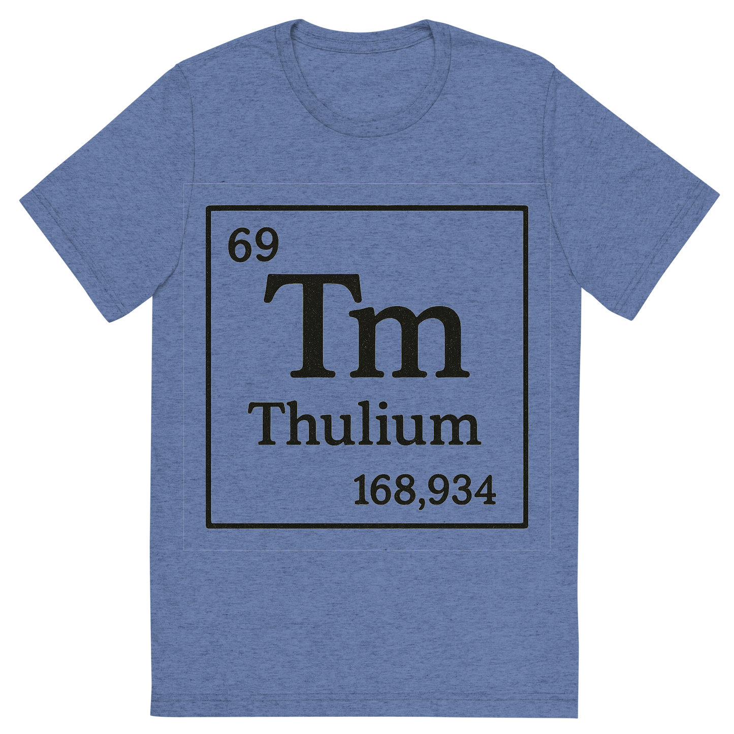 Front view of a Premium Tri-Blend Crew Neck T-Shirt in Blue showing 'A line art, nostalgic graphic of thulium's entry on the periodic table, use a dark color for the lines and text'