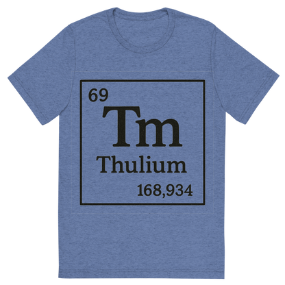 Front view of a Premium Tri-Blend Crew Neck T-Shirt in Blue showing 'A line art, nostalgic graphic of thulium's entry on the periodic table, use a dark color for the lines and text'
