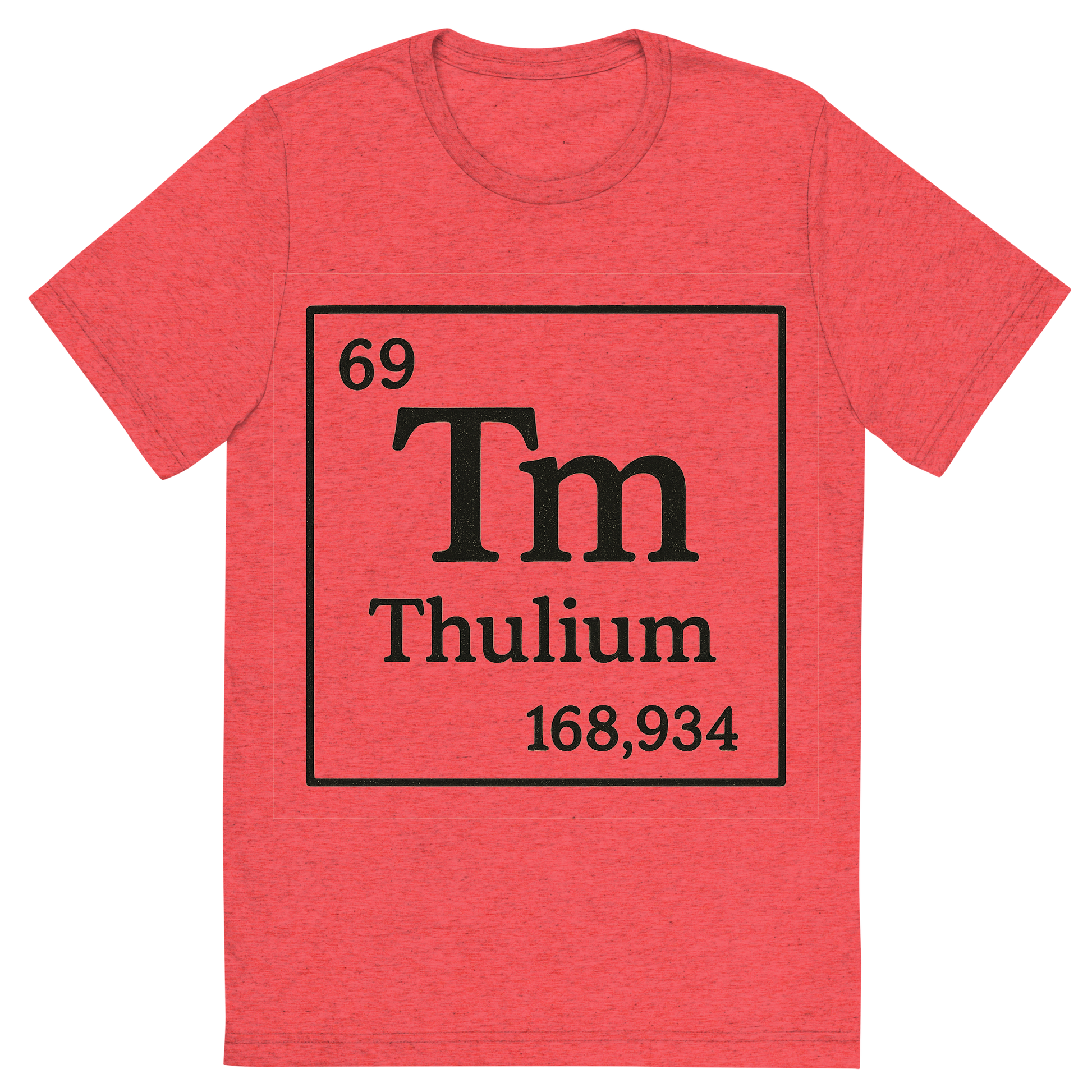 Front view of a Premium Tri-Blend Crew Neck T-Shirt in Red showing 'A line art, nostalgic graphic of thulium's entry on the periodic table, use a dark color for the lines and text'