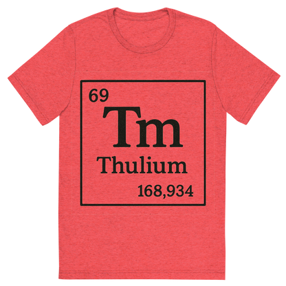 Front view of a Premium Tri-Blend Crew Neck T-Shirt in Red showing 'A line art, nostalgic graphic of thulium's entry on the periodic table, use a dark color for the lines and text'