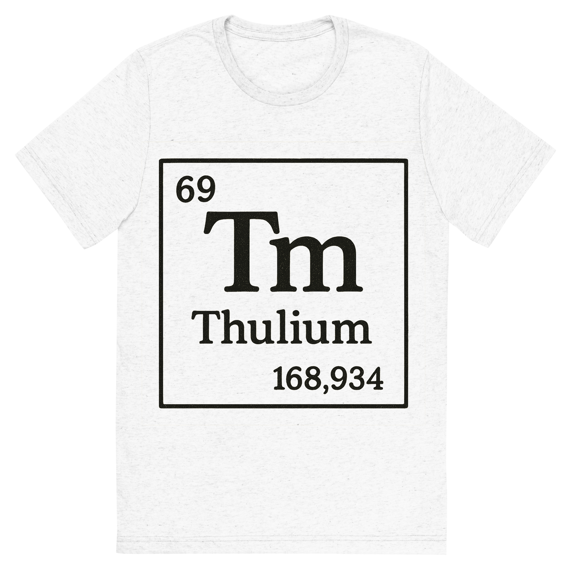 Front view of a Premium Tri-Blend Crew Neck T-Shirt in Solid White showing 'A line art, nostalgic graphic of thulium's entry on the periodic table, use a dark color for the lines and text'