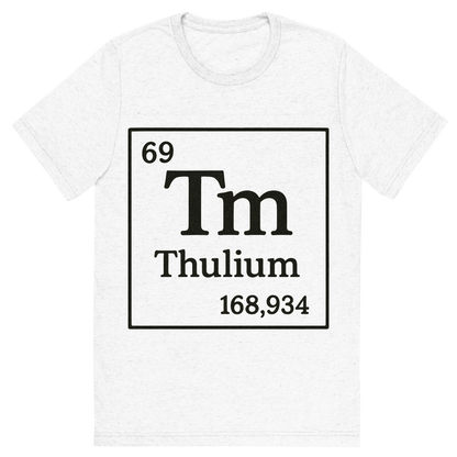 Front view of a Premium Tri-Blend Crew Neck T-Shirt in Solid White showing 'A line art, nostalgic graphic of thulium's entry on the periodic table, use a dark color for the lines and text'