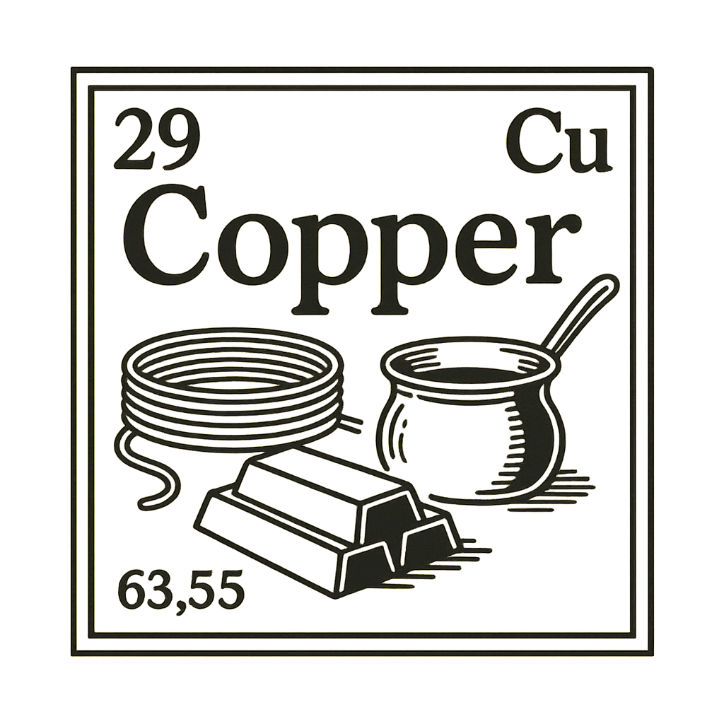 A line art, nostalgic graphic of copper's entry on the periodic table, use a dark color for the lines and text – a t-shirt design