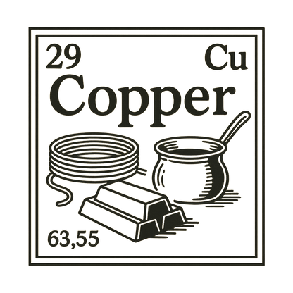 A line art, nostalgic graphic of copper's entry on the periodic table, use a dark color for the lines and text – a t-shirt design