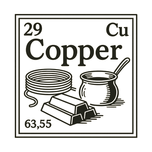 A line art, nostalgic graphic of copper's entry on the periodic table, use a dark color for the lines and text – a t-shirt design