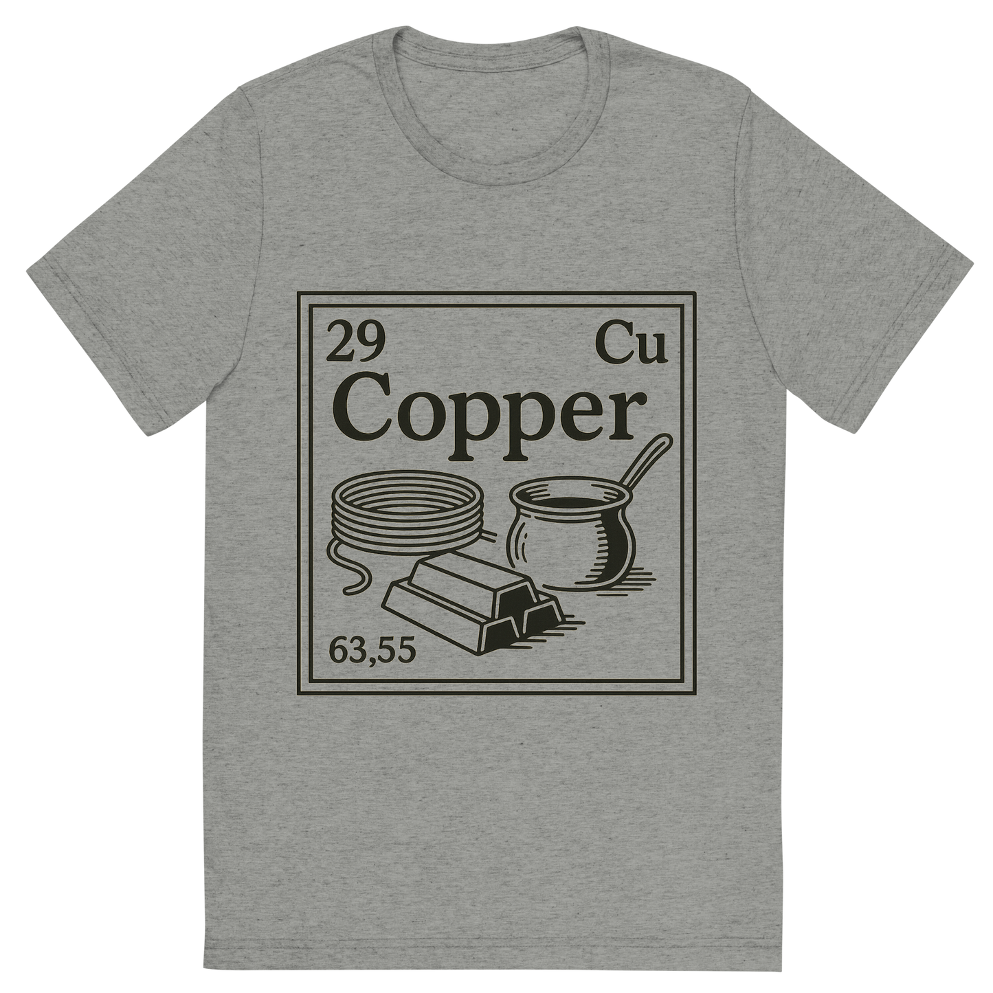 Front view of a Premium Tri-Blend Crew Neck T-Shirt in Athletic Grey showing 'A line art, nostalgic graphic of copper's entry on the periodic table, use a dark color for the lines and text'