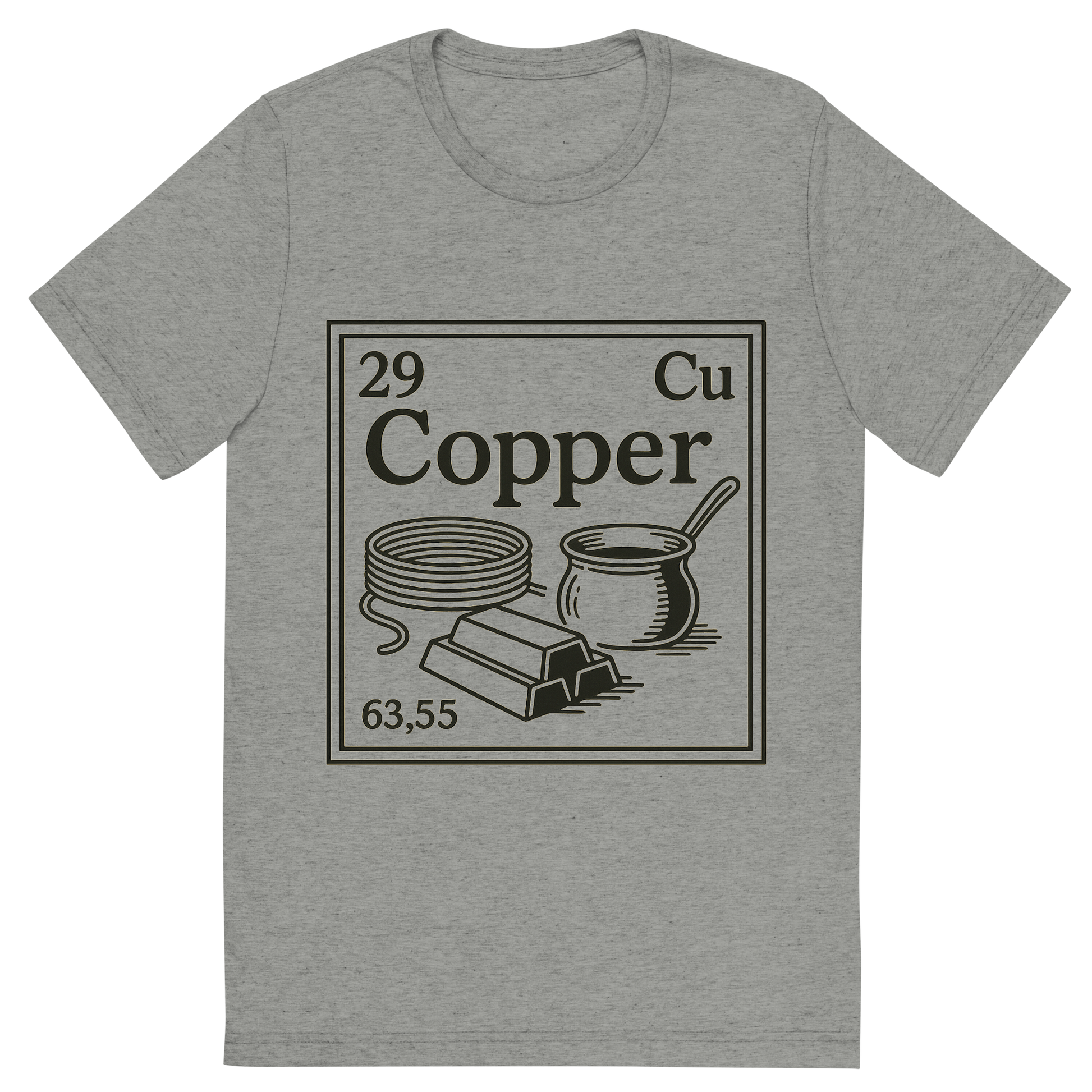 Front view of a Premium Tri-Blend Crew Neck T-Shirt in Athletic Grey showing 'A line art, nostalgic graphic of copper's entry on the periodic table, use a dark color for the lines and text'