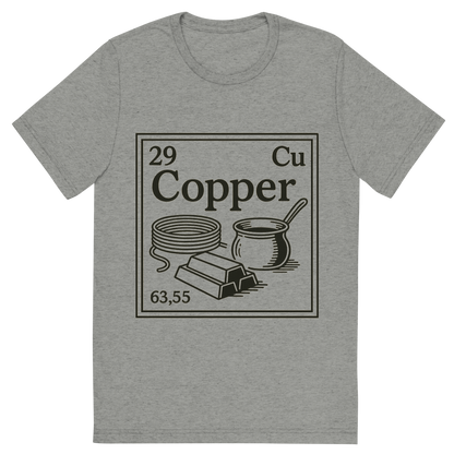 Front view of a Premium Tri-Blend Crew Neck T-Shirt in Athletic Grey showing 'A line art, nostalgic graphic of copper's entry on the periodic table, use a dark color for the lines and text'