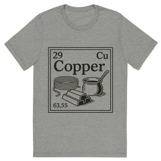 Front view of a Premium Tri-Blend Crew Neck T-Shirt in Athletic Grey showing 'A line art, nostalgic graphic of copper's entry on the periodic table, use a dark color for the lines and text'