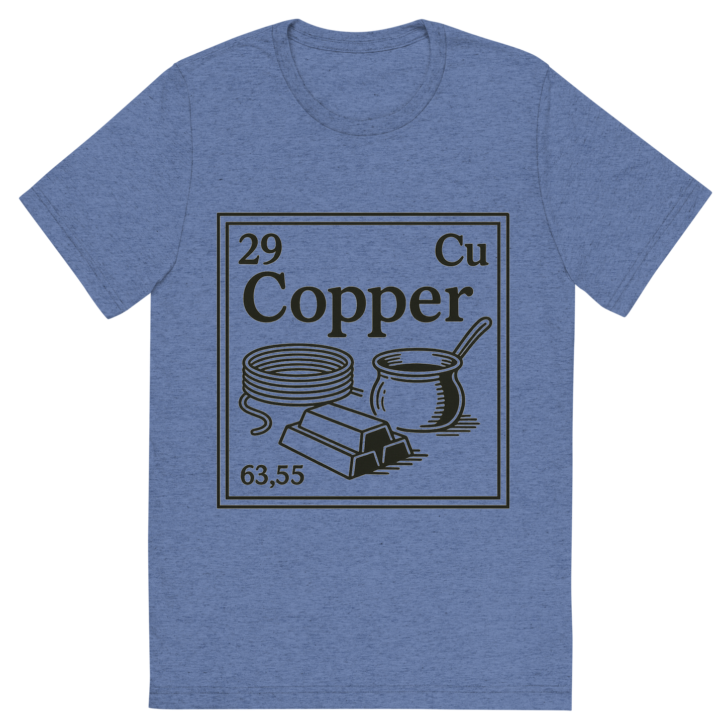 Front view of a Premium Tri-Blend Crew Neck T-Shirt in Blue showing 'A line art, nostalgic graphic of copper's entry on the periodic table, use a dark color for the lines and text'
